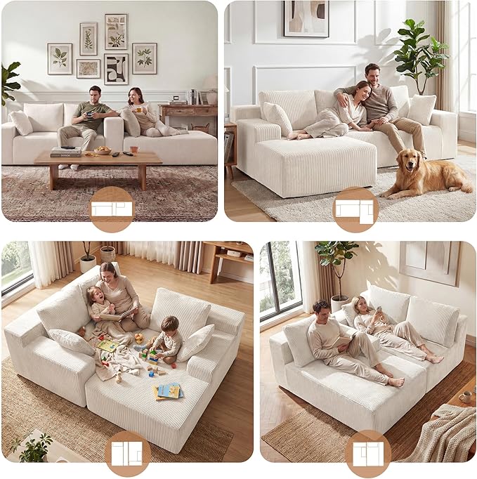 GRUSIGN Cloud Sectional Boneless Couches for Living Room, Modular L Shaped Couch with Deep Seat Oversized Left Facing Chaise, Memory Foam Compressed Spineless 3 Seater Sofa for Apartment, Beige | No Assembly Required, Deep Seat, Cat-Claw Resistant, Fle...