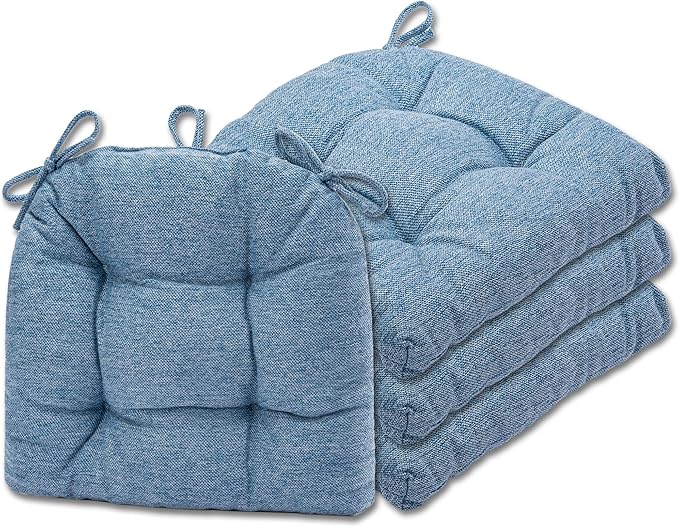 SQUARE MOON D-Shaped 3" Thick Chair Cushions, Chair Pads for Dining Chairs and Kitchen Chairs, Indoor Dining Room Seat Cushions with Ties, Machine Washable, 17" x 16" x 3", 4/Pack, Light Blue