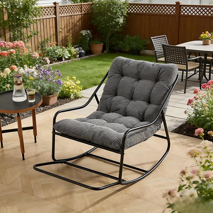 Rocking Chair with Foot Rest, Outdoor Indoor Rocking Lounge Chair with Cushion, Comfortable Patio Rocker Chairs for Patio, Porch, Garden, Living Room, Reading, Metal Frame, Grey
