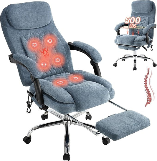 500LBS Massage Office Chair, 6 Points Vibration & Heat Executive Office Chairs, 135°Reclining Comfy Desk Chair with Foot Rest, Wider & Thicker Seat Cushion, Fabric Big and Tall Gaming Chair, Blue
