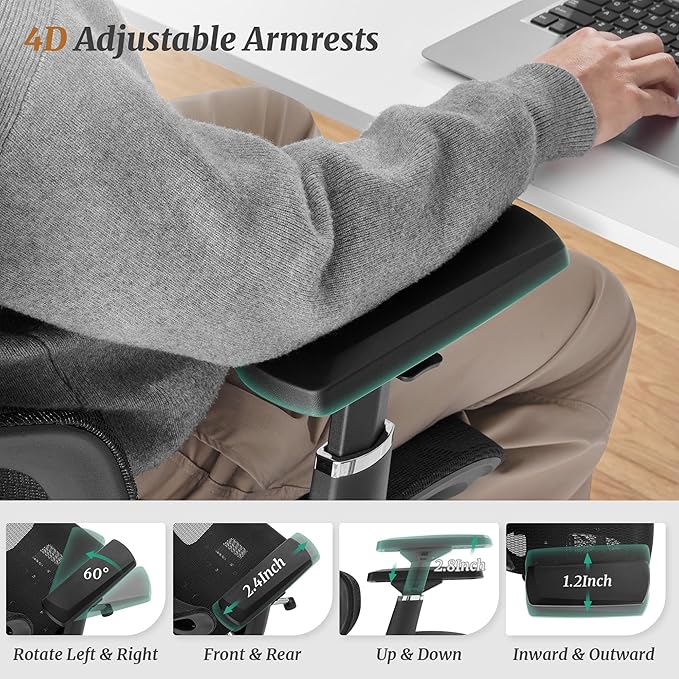 Cozyman Ergonomic Office Chair with Footrest - 5-Level Adjustable Lumbar Support & 90-135°Recline, 3D Headrest & 4D Armrests, Breathable Mesh Seat Computer Chair for Home Office, Gaming, Black