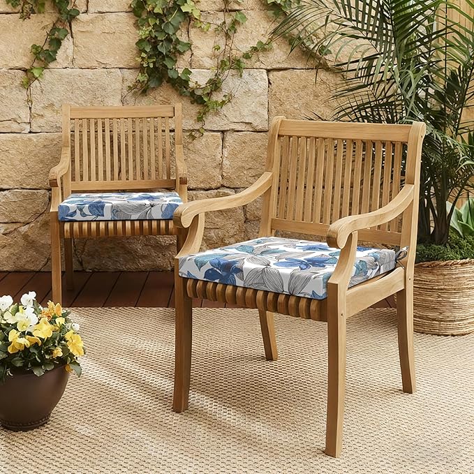 LVTXIII Outdoor Chair Cushions, Fade-Resistant Patio Furniture Cushions Outdoor Chair Pads with Ties for Dining Chairs and Garden Furniture Use, 19"x19"x2" Pack of 2, Clemens Noir Blue