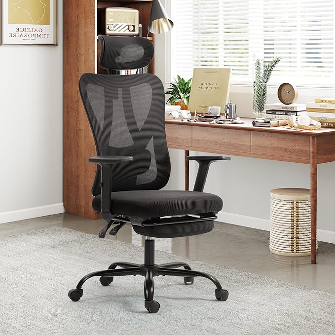 ECOTOUGE Office Computer Desk Chair, Ergonomic High-Back Mesh Work Chairs with Wheels and Adjustable Height, Comfortable Lumbar Support, Comfy Armrest for Home, Bedroom, Study, Black