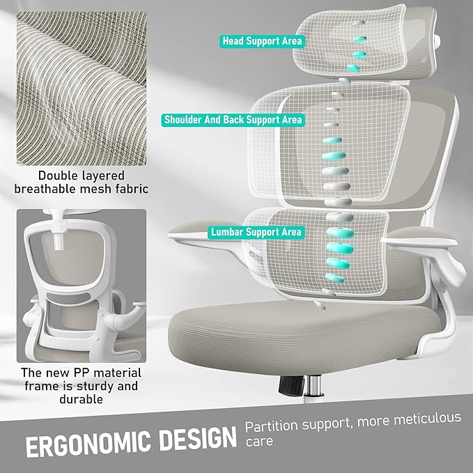 BESTFAIR High Back Ergonomic Office Chair, Breathable Mesh Desk Chair with Lumbar Support, Adjustable Headrest, Flip-up Armrests, Computer Gaming Chair, (LightGray)