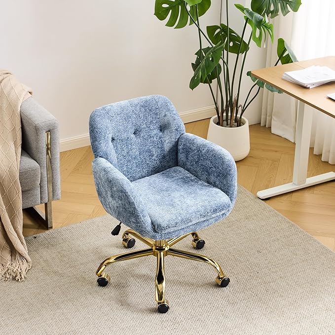 VINGLI Comfy Fuzzy Vanity Chair, Swivel Makeup Chair with Wheels, Upholstered Height Adjustable Armchair with Gold Base, Modern Ergonomic Desk Chair for Bedroom, Home Office, Blue