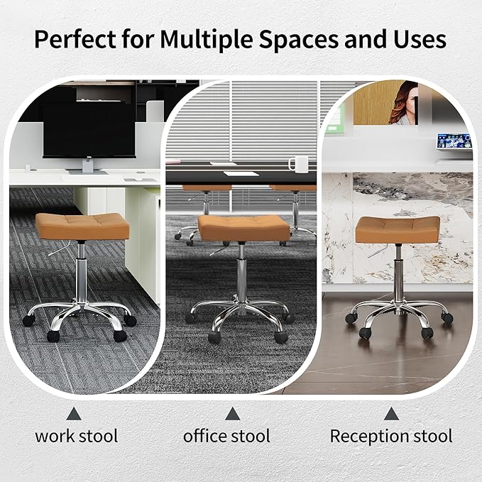 FIRAVOE Office Stool with Wheels (300lbs Capacity) (Adjustable Height 17"-21") Brown Faux Leather Workbench Stool (Camel Brown)