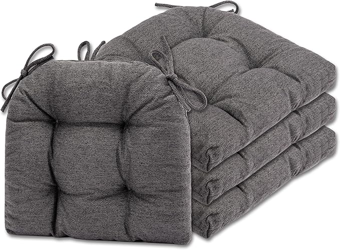 SQUARE MOON D-Shaped 3" Thick Chair Cushions, Chair Pads for Dining Chairs and Kitchen Chairs, Indoor Dining Room Seat Cushions with Ties, Machine Washable, 17" x 16" x 3", 4/Pack, Dark Grey