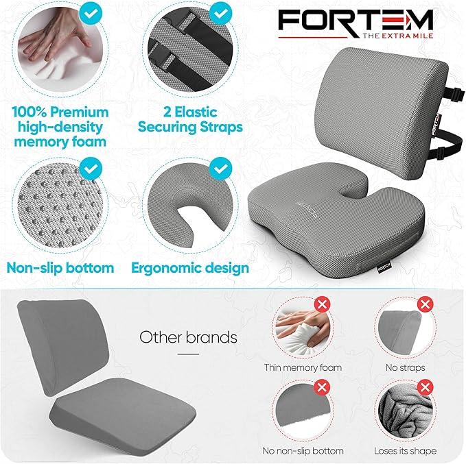 FORTEM Seat Cushion, Office Chair Cushion, Lumbar Support Pillow for Office Chair, Memory Foam Car Seat Cushions, Sciatica Coccyx Tailbone Pain Relief, Cushions for Back Support, Washable, Non Slip