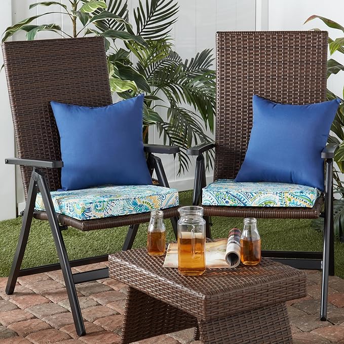 Outdoor 18 inch Square Patio Dining Chair Pads – Comfortable Fiber-Filled Seat Cushions with Ties, Reversible Polyester Fabric - Baltic Paisley, Set of 2