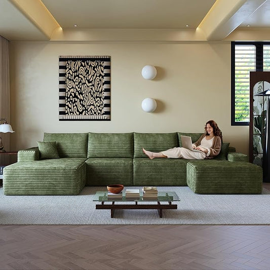 135" U Shaped Sectional Couch with Ottoman, Large Sectional Couches for Living Room, Plush Corduroy Convertible Sleeper Sofa, Compressed Foam Sofa in a Box No Assembly, Left Facing Chaise, Green