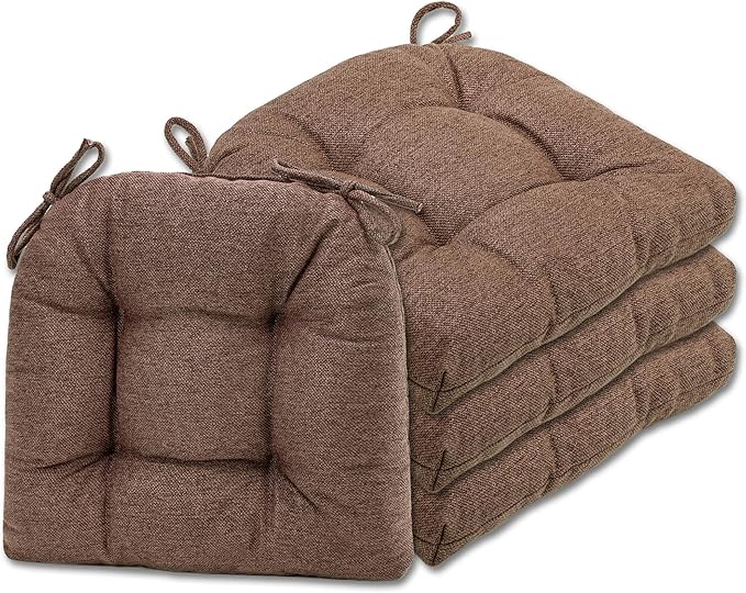 SQUARE MOON D-Shaped 3" Thick Chair Cushions, Chair Pads for Dining Chairs and Kitchen Chairs, Indoor Dining Room Seat Cushions with Ties, Machine Washable, 17" x 16" x 3", 4/Pack, Dark Coffee