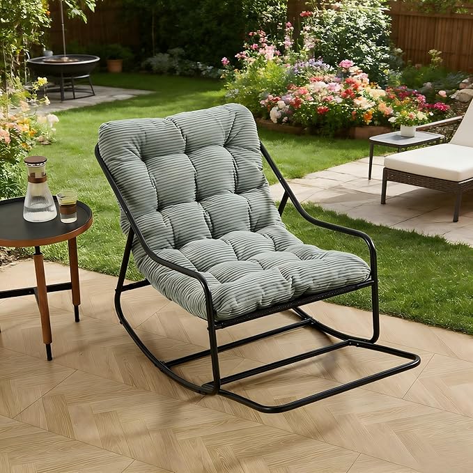 Rocking Chair with Foot Rest, Outdoor Indoor Rocking Lounge Chair with Cushion, Comfortable Patio Rocker Chairs for Patio, Porch, Garden, Living Room, Reading, Metal Frame, Light Green