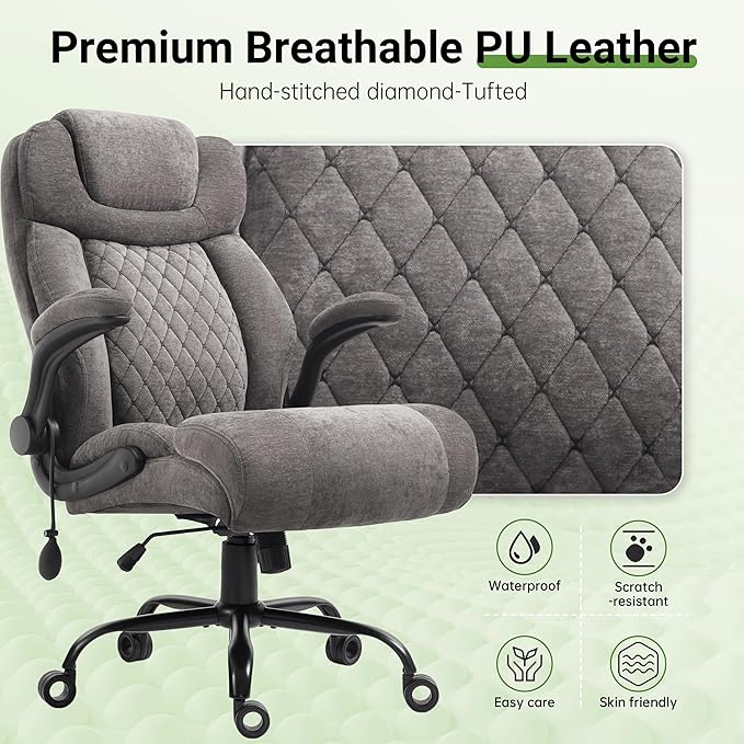 Office Chair, Big and Tall Executive Chairs with Lumbar Support for Back Pain, Breathable Fabric Desk Computer Chair with Adjustable Flip-up Armrests,Wide Cushion Swivel Home Office Chair Black,Grey