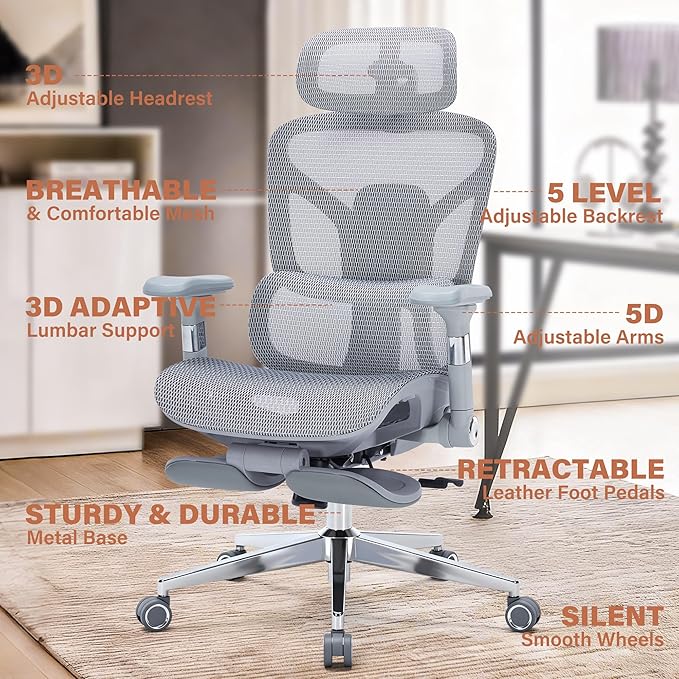 Ergonomic Office Chair with Footrest - 400lbs Heavy Duty Mesh Desk Chair, 5D Armrests, 3D Lumbar, 5 Level Backrest, Adjustable Headrest, Reclining High Back Swivel Chairs for Home Office