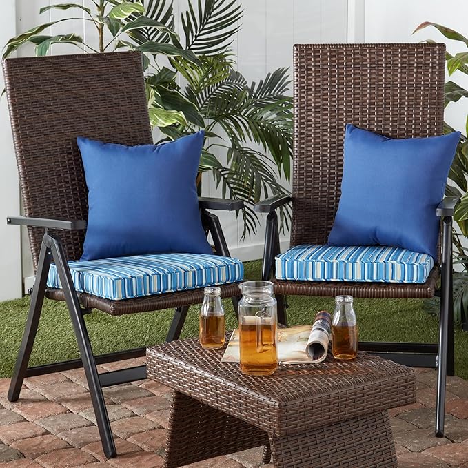 Outdoor 18 inch Square Patio Dining Chair Pads – Comfortable Fiber-Filled Seat Cushions with Ties, Reversible Polyester Fabric - Sapphire Stripe, Set of 2