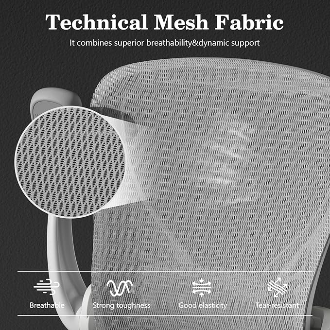 GYI Ergonomic Office Chair, Computer Desk Chair with Memory Foam Seat, Technical Mesh Back, 3D Flip-up Arms, Adjustable Lumbar Support&Height, Wheels for Home or Office, Grey White