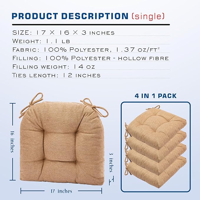 SQUARE MOON D-Shaped 3" Thick Chair Cushions, Chair Pads for Dining Chairs and Kitchen Chairs, Indoor Dining Room Seat Cushions with Ties, Machine Washable, 17" x 16" x 3", 4/Pack, Coffee