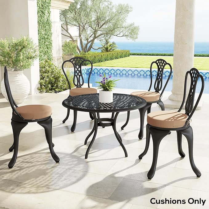 Outsunny Outdoor Bistro Chair Cushions Set of 4 with Machine Washable Cover, 15" x 15" x 3" Thick Round Seat Cushions for Patio Furniture with Ties, Chair Pads for Dining Chairs, Khaki