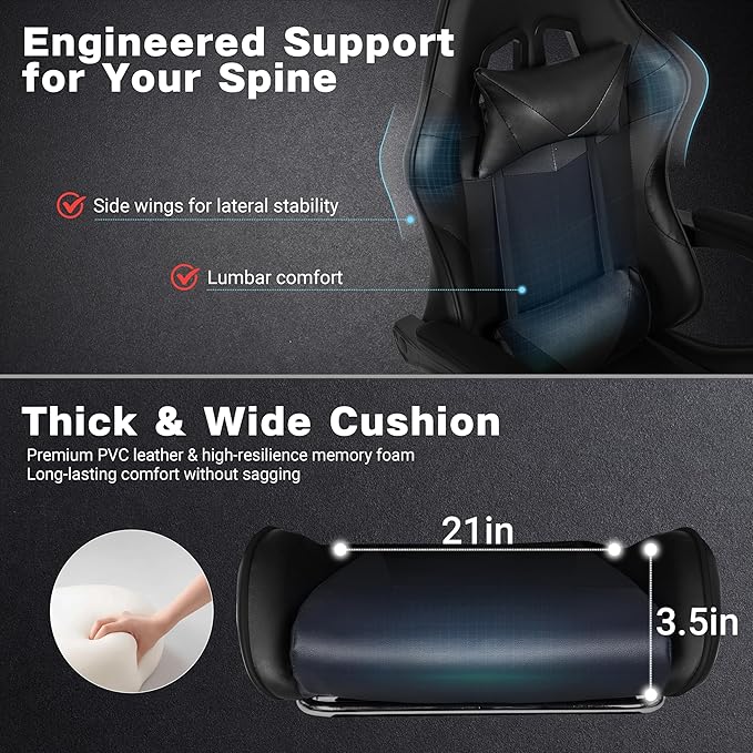Gaming Chair, Ergonomic Computer Chair with Footrest and Lumbar Support, Height Adjustable Office Chair with 360° Swivel Seat and Headrest