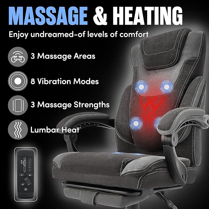 Massage Office Chair with Foot Rest,6-Point Vibration & Heat Executive Office Chairs,Ergonomic Computer Chair for Heavy People,Big and Tall Fabric Office Chair,Recliner with Padded Armrest,BlackGrey