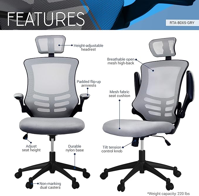 Modern High Back Mesh Executive Chair With Headrest And Flip Up Arms. Color: Silver Grey