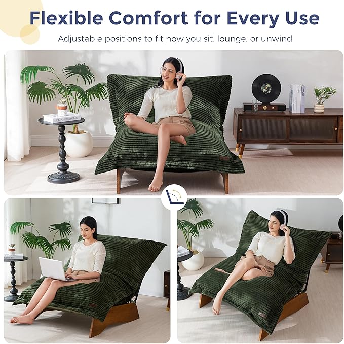 MAXYOYO Adjustable Living Room Chair, Convertible Bean Bag Chair & Recliner with Frame, Removable Cushion Floor Sofa Corded Fabric, Soft Upholstered Lounge for Bedroom, Dorm, Green