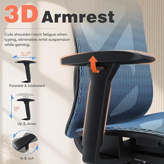GABRYLLY Ergonomic Office Chair - 135° Reclining Desk Chair with Adjustable Lumbar Support, 3D Armrest, Large Headrest & Heavy Duty Steel Base, 300LBS Mesh Task Chair, Navy Blue