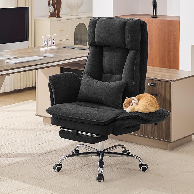 Big and Tall Office Chair, Cloud Reclining Office Chair with Footrest & Flip Armrest for Pets, Executive Ergonomic Criss Cross Desk Chair, Swivel Gaming Chair with Lumber Pillow, Chenille Dark Black