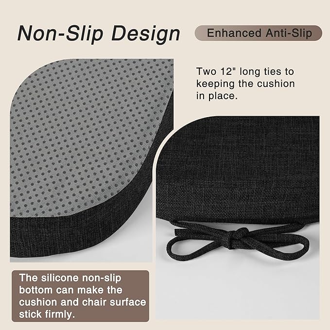 OVOV 14x14 Chair Cushions for Metal Dining Chairs Set of 2 Non Slip Thick Textured Chair Pads for Dining Chairs with Ties and Removable Cover (Black)