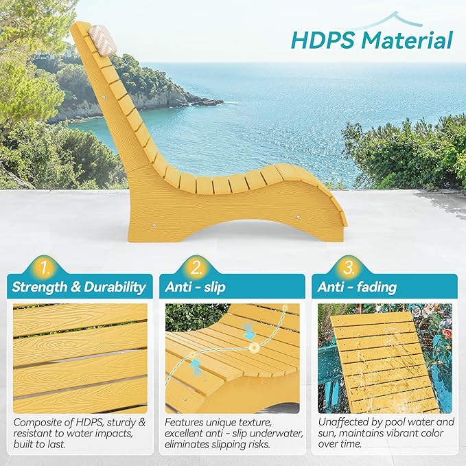 HDPS Pool Lounge Chairs Set of 4, Use in Pools Lounge Chairs up to 10-Inches of Water, Chaise Chairs with Headrest, Lounge Chair Outdoor, Fade-Resistant Pool Lounger for Deck