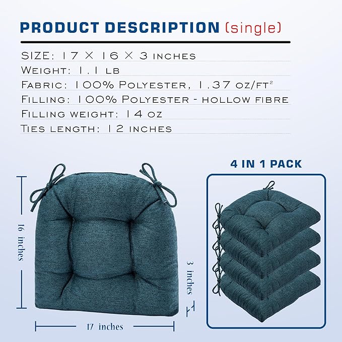 SQUARE MOON D-Shaped 3" Thick Chair Cushions, Chair Pads for Dining Chairs and Kitchen Chairs, Indoor Dining Room Seat Cushions with Ties, Machine Washable, 17" x 16" x 3", 4/Pack, Dark Green