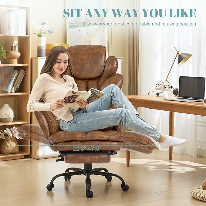 Big and Tall Office Chair, Flip Armrests Criss Cross Office Chair, Reclining Desk Chair with Foot Rest, Adjustable Headrest, Massage Waist Pillow Cross Legged Wide Seat Vanity Chair, PU Leather Brown