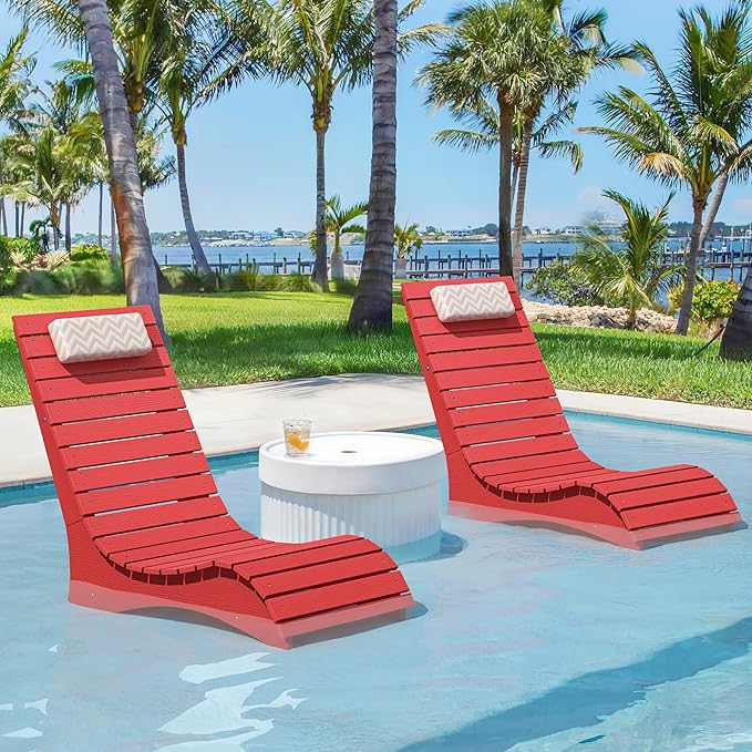 HDPS Pool Lounge Chairs Set of 4, Use in Pools Lounge Chairs up to 10-Inches of Water, Chaise Chairs with Headrest, Lounge Chair Outdoor, Fade-Resistant Pool Lounger for Deck