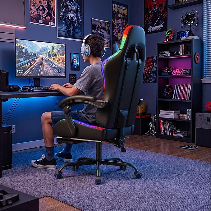 Homall Gaming Chair, Video Game Chair with Footrest and Massage Lumbar Support, Ergonomic Computer Chair Height Adjustable with Swivel Seat and Headrest (RGB Blue)