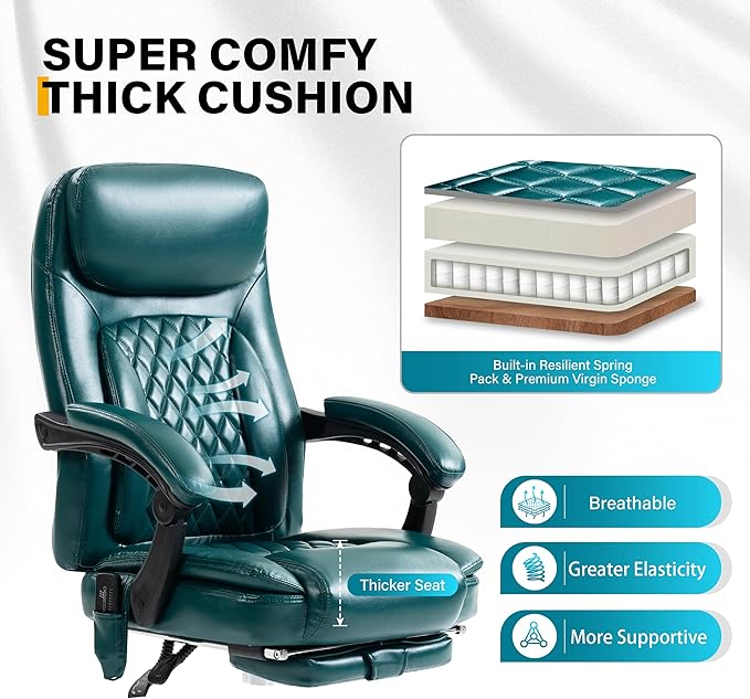 6-Point Massage Office Chair with Heated, Ergonomic Office Chair with Footrest & 45°Reclining High Back, Big and Tall Executive Office Chair 500LBS, Thick Cushion Desk Chair for Home Office, Green(PU)