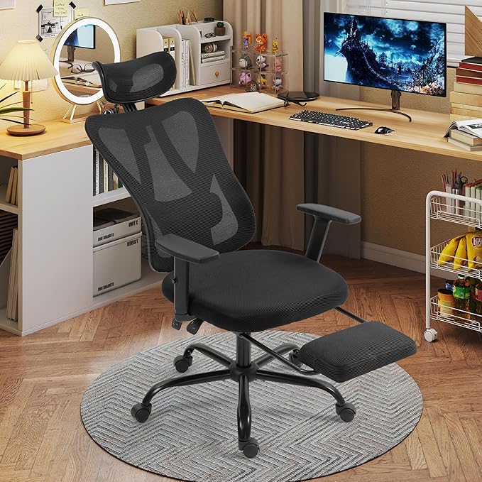 ECOTOUGE Big and Tall Office Chair, Ergonomic High Back with Adjustable Headrest & Lumbar Support, Wide Cushion Mesh Desk Chair with Retractable Footrest, Home Office/Gaming/Study Chair, Black