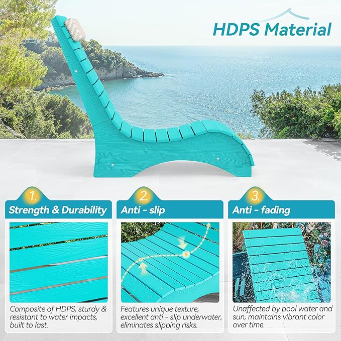 HDPS Pool Lounge Chairs Set of 4, Use in Pools Lounge Chairs up to 10-Inches of Water, Chaise Chairs with Headrest, Lounge Chair Outdoor, Fade-Resistant Pool Lounger for Deck