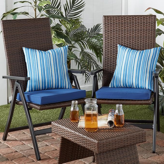 Outdoor 18 inch Square Patio Dining Chair Pads – Comfortable Fiber-Filled Seat Cushions with Ties, Reversible Polyester Fabric - Marine Blue, Set of 4