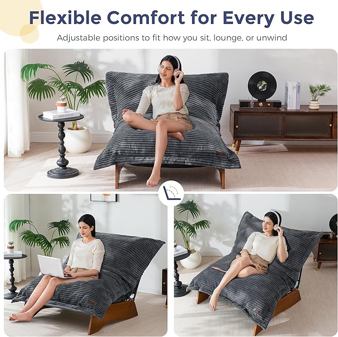 MAXYOYO Adjustable Living Room Chair, Convertible Bean Bag Chair & Recliner with Frame, Removable Cushion Floor Sofa Corded Fabric, Soft Upholstered Lounge for Bedroom, Dorm, Grey