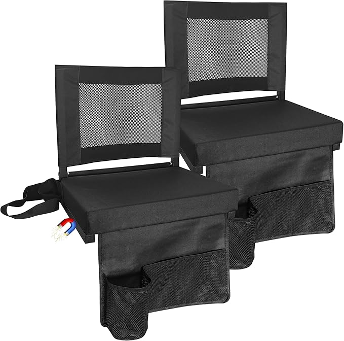Stadium Seats for Bleachers with Back Support, Bleacher Chairs with Backs and Cushion Wide, Portable Folding Seats with Magnetic Bottom Strips, Includes Shoulder Strap - Black (2, Black)