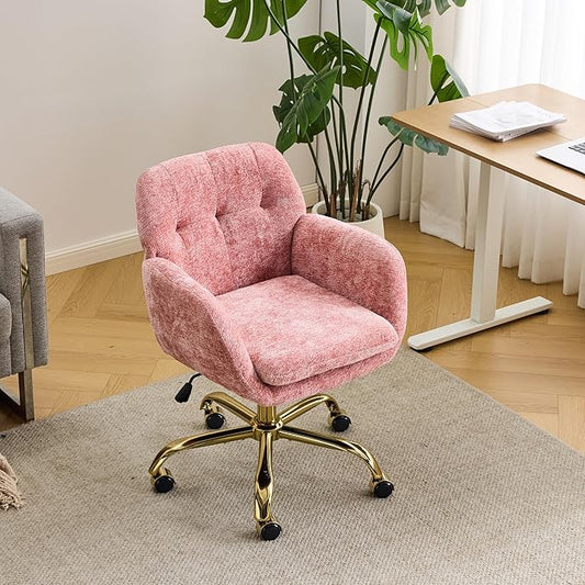VINGLI Comfy Fuzzy Vanity Chair, Swivel Makeup Chair with Wheels, Upholstered Height Adjustable Armchair with Gold Base, Modern Ergonomic Desk Chair for Bedroom, Home Office, Pink