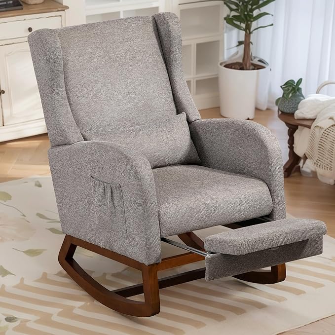 Chifee & Vingol Rocking Chair Nursery with Foot Rest & Pillow,Polyester,Light Grey