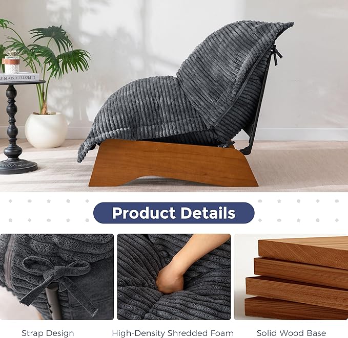 MAXYOYO Adjustable Living Room Chair, Convertible Bean Bag Chair & Recliner with Frame, Removable Cushion Floor Sofa Corded Fabric, Soft Upholstered Lounge for Bedroom, Dorm, Grey