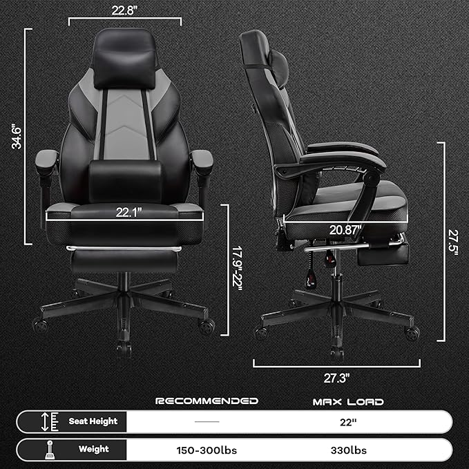 Gaming Chair for Adult, Computer Chair with Footrest Video Game Chair Big and Tall Gaming Chair with Massage Lumbar Support, Adjustable Height and 360° Swivel Seat(Grey)
