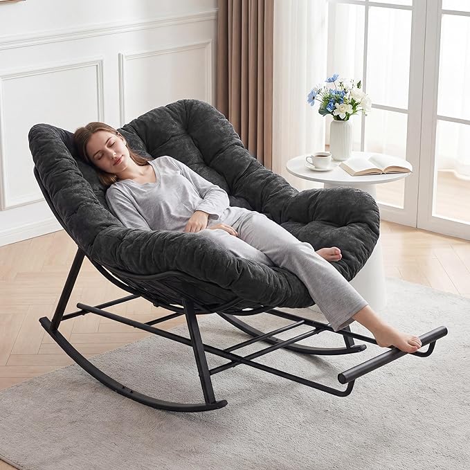 Oversized Rocking Chair Indoor with Foot Rest, Papasan Rocking Chair Outdoor, Lounge Chair with Cushion, Patio Egg Rocker Chairs, Comfy Reading Chairs for Living Room,Garden, Lawn, Dark Grey
