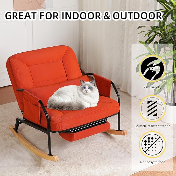 Oversized Reclining Rocking Chair with Foot Rest, 110°–160° Adjustable Backrest, Upholstered Armchair with Side Pocket for Nursery and Living Room, Brown