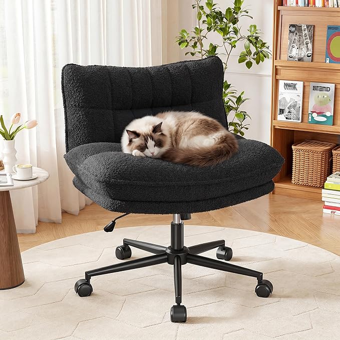 DurayLoly Criss Cross Chair with Wheels, 6.2" Extra Thick Cross Legged Office Chair, Height Adjustable Swivel Design for Home Office, Study & Vanity,Black