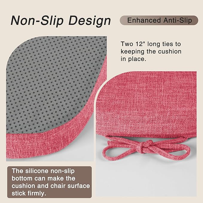 OVOV 14x14 Chair Cushions for Metal Dining Chairs Set of 2 Non Slip Thick Textured Chair Pads for Dining Chairs with Ties and Removable Cover (2, Pink)
