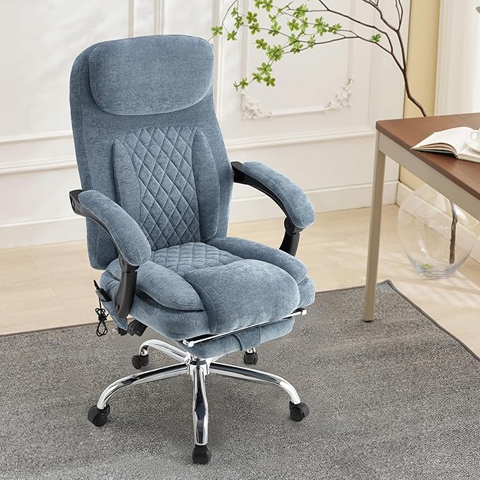 500LBS Massage Office Chair, 6 Points Vibration & Heat Executive Office Chairs, 135°Reclining Comfy Desk Chair with Foot Rest, Wider & Thicker Seat Cushion, Fabric Big and Tall Gaming Chair, Blue