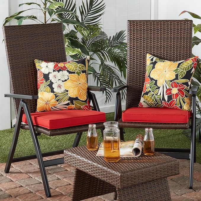 Outdoor 18 inch Square Patio Dining Chair Pads – Comfortable Fiber-Filled Seat Cushions with Ties, Reversible Polyester Fabric - Salsa Red, Set of 2